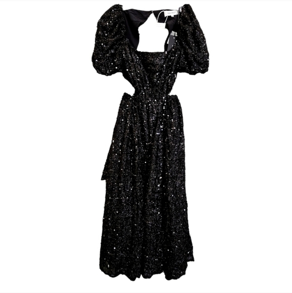 Elliatt Aubree Black Sequined Square Neck Knit Puffed Sleeve Cut Out Midi Dress - Picture 12 of 17